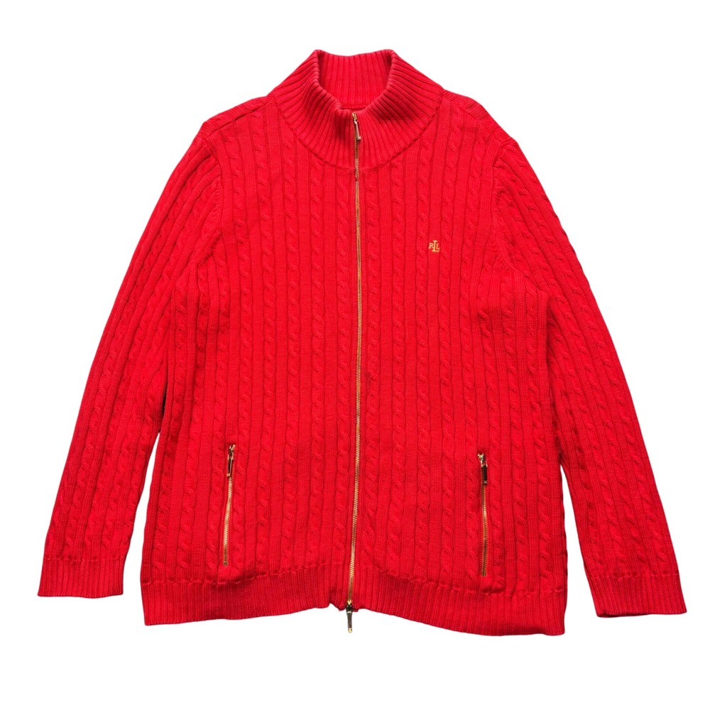 Lauren Ralph Lauren Women's Cable Knit Full Zip Mock Neck Sweater 2X Red Holiday